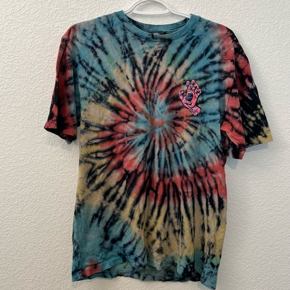 Santa Cruz Tie Dye Spiral Strip Hand T-Shirt in Dark Rainbow- Size Medium - Picture 3 of 13